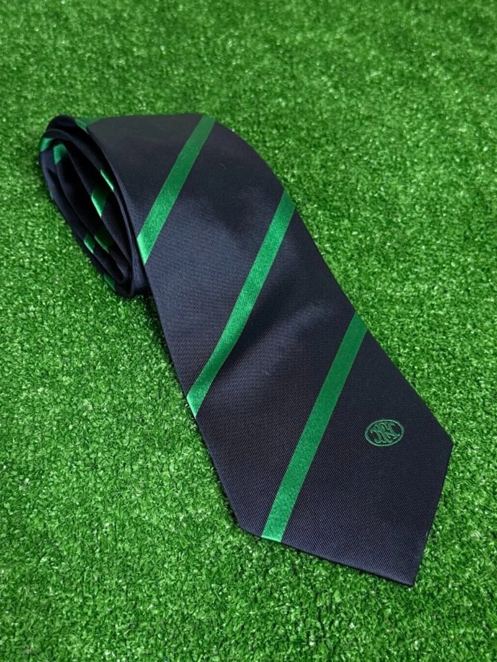 Rare FNH LLC Military Operations Monogram Silk Regimental Tie Navy Green Silk